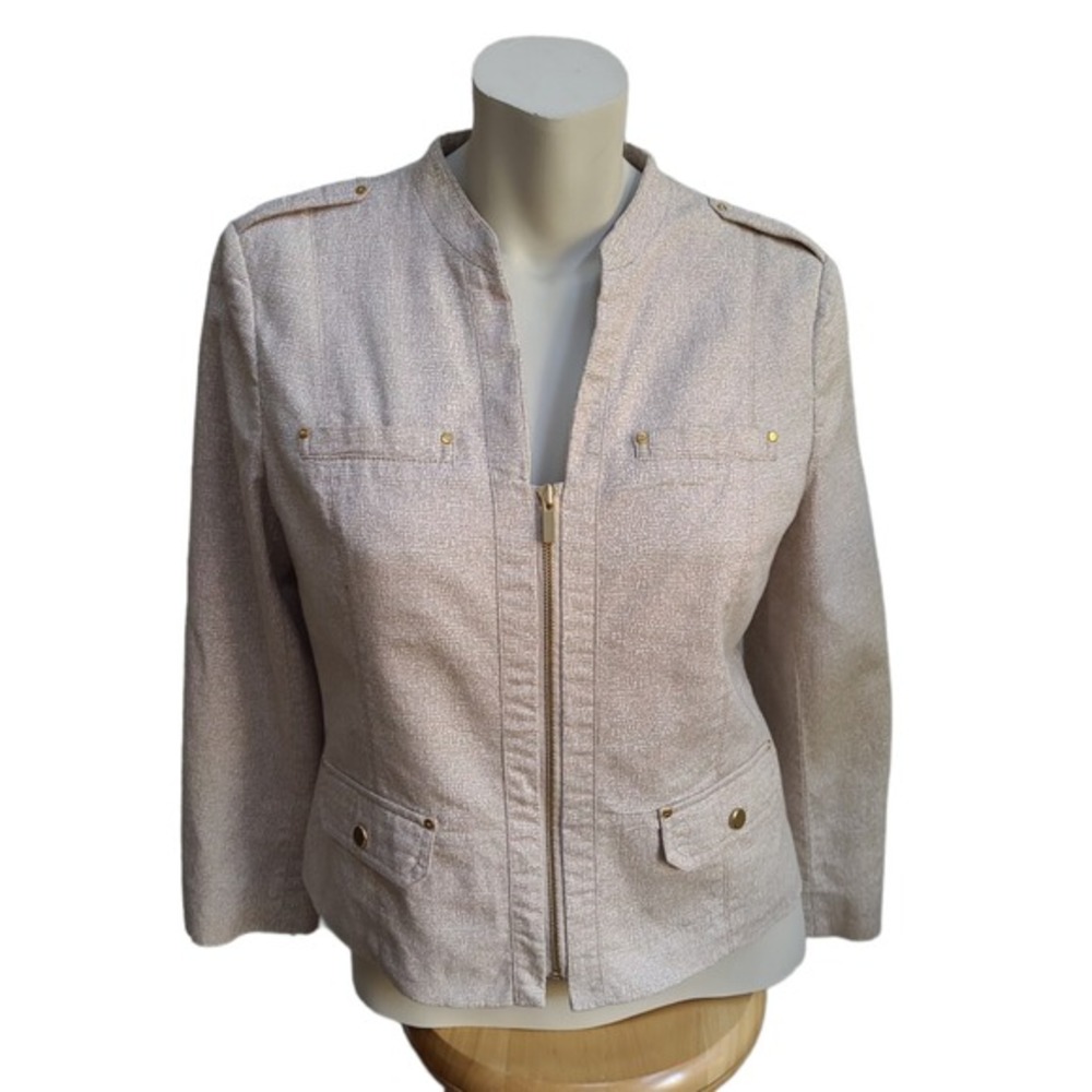 Jones New York Blazer Jacket Top Cream Beige Size 10 Stretch Full‎ Zip Military